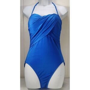 LA BLANCA Blue Halter One Piece‎ Swimsuit Tummy Control Ruching Size 8
